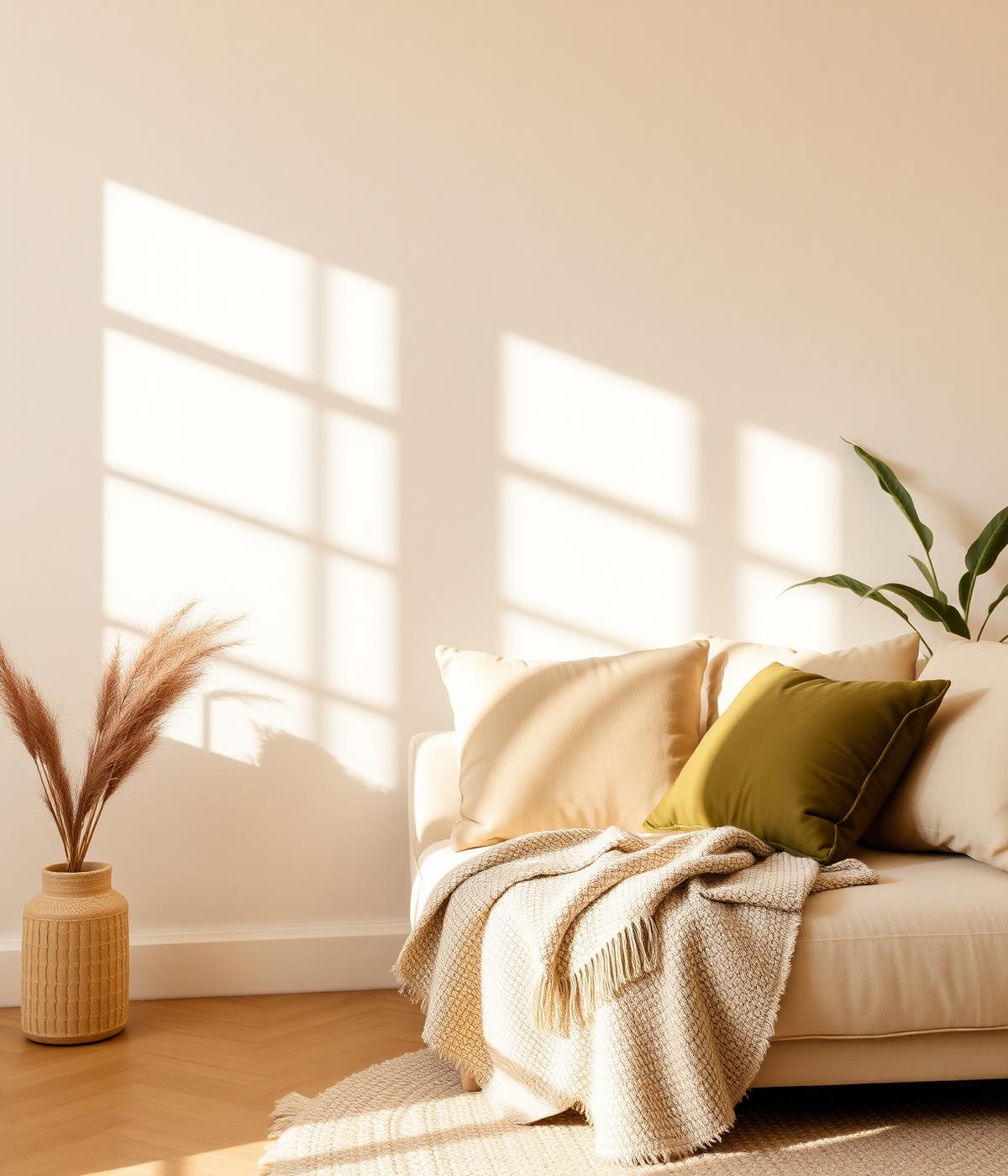 Cream living room corner with cushions, throw blanket and a green accent
