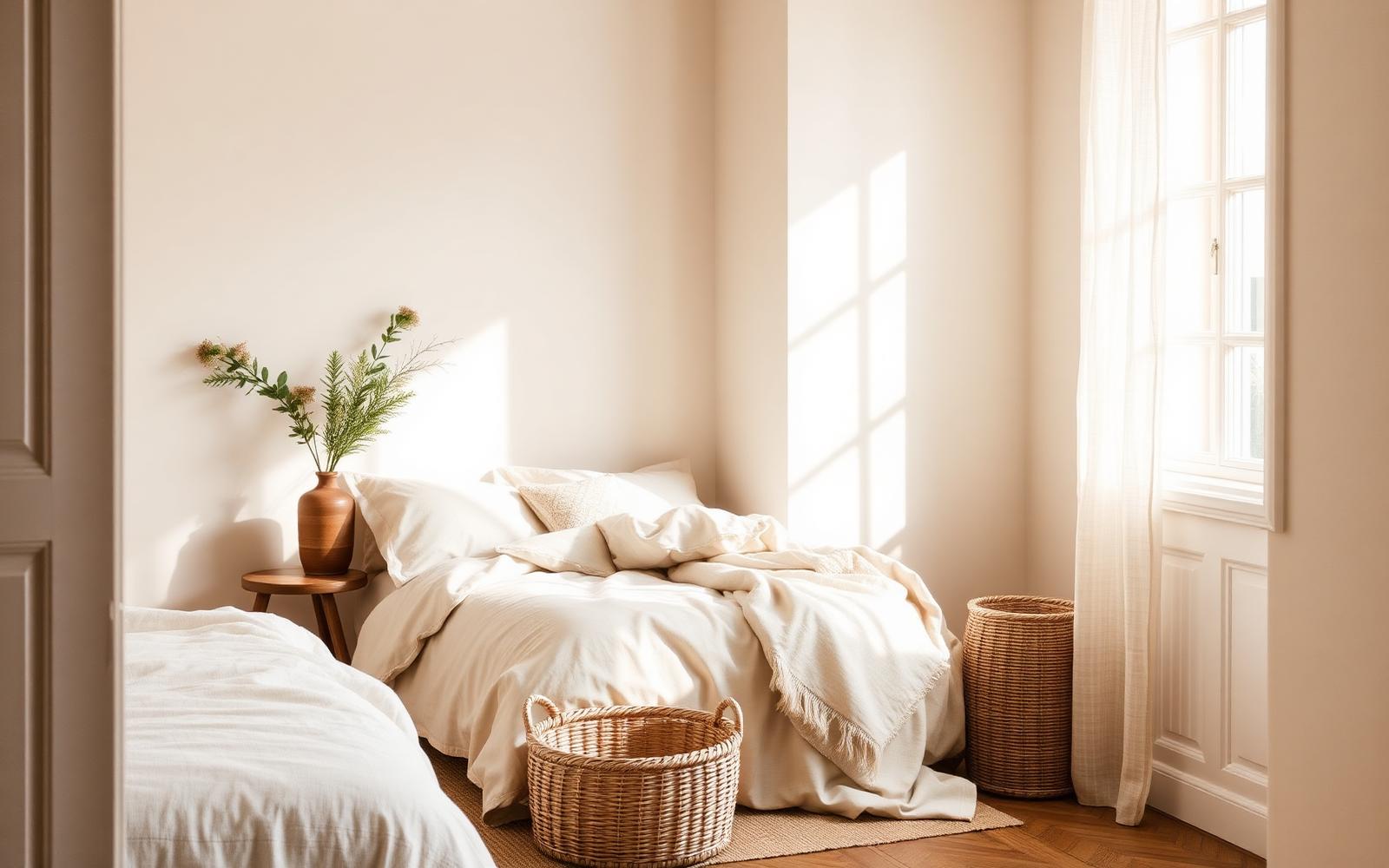 Layered bedding and soft textiles in a sunlit room